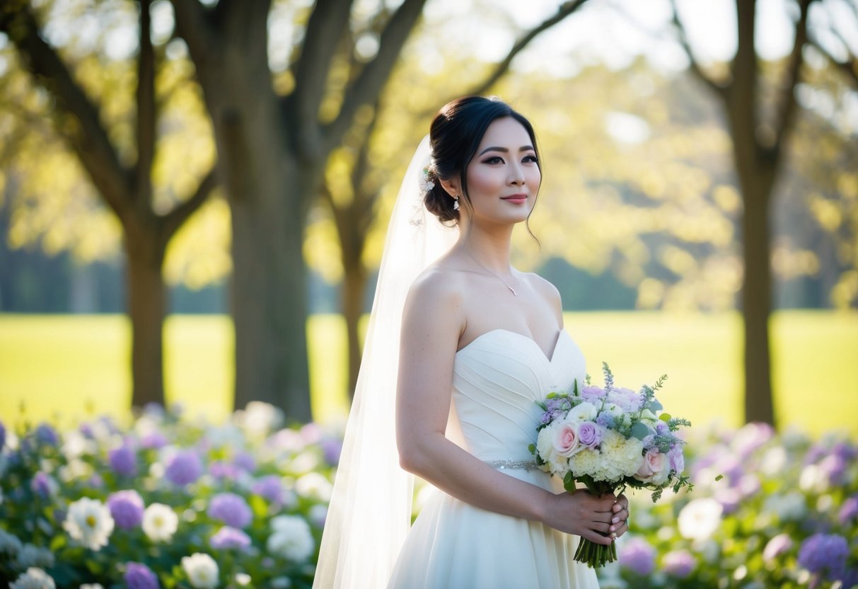 A bride standing tall with a serene expression, surrounded by blooming flowers and gentle sunlight streaming through the trees