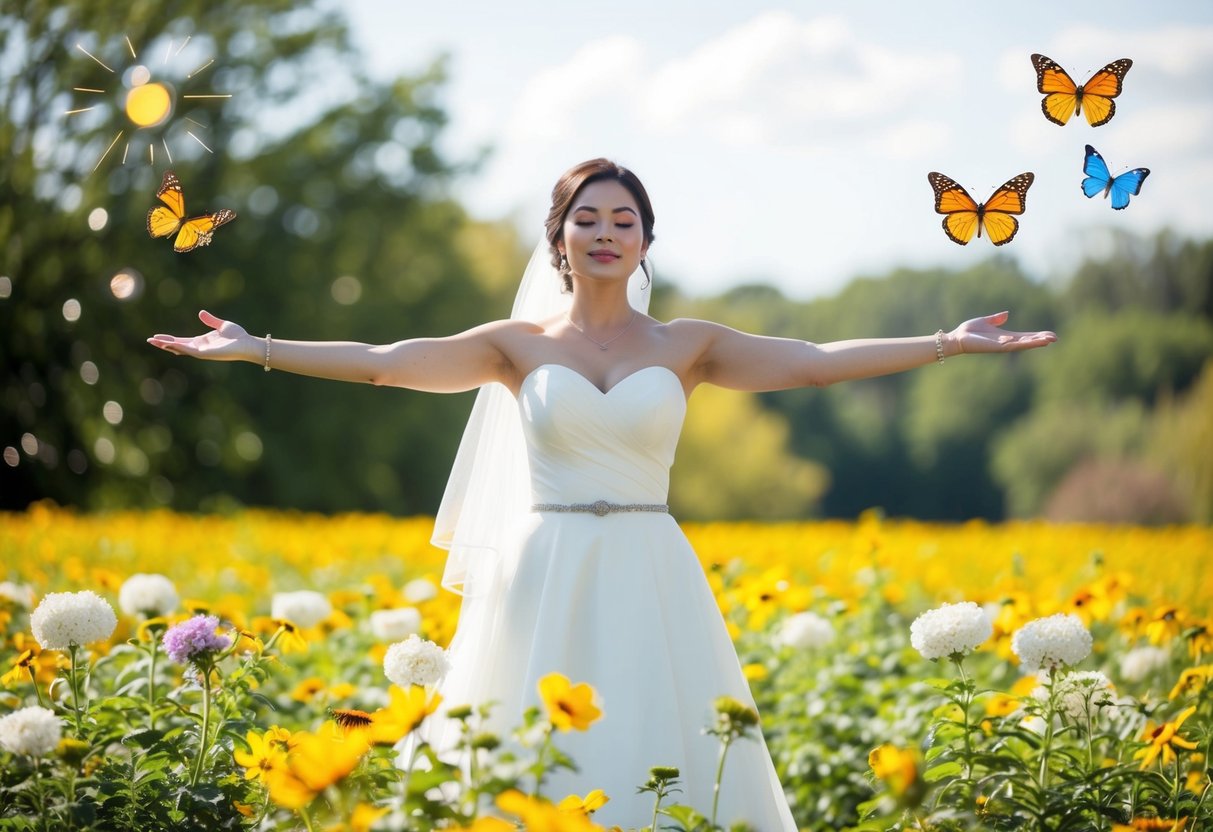 A bride standing in a field of blooming flowers, with her arms outstretched and a serene expression on her face, surrounded by symbols of gratitude such as butterflies and sunshine