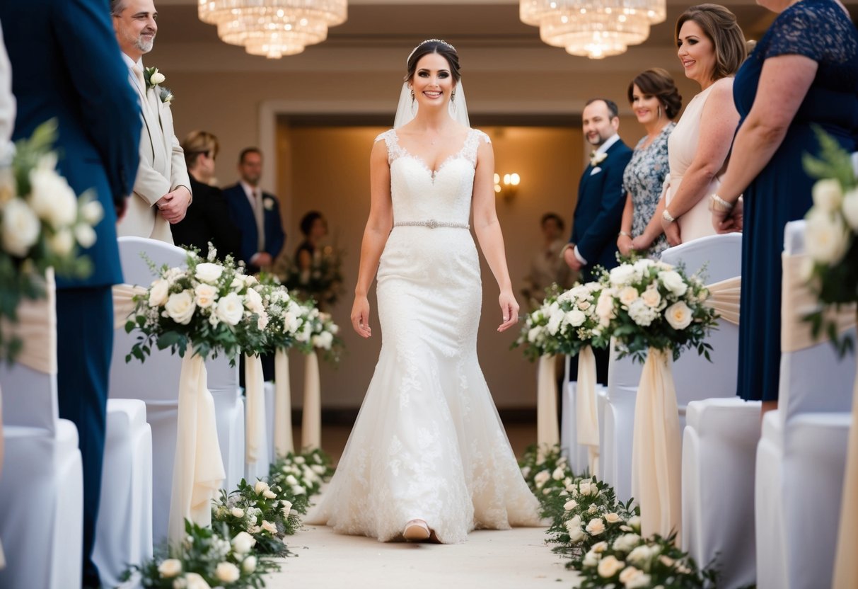 A bride gracefully walks down a flower-lined aisle, surrounded by elegant decor and soft lighting, exuding poise and confidence on her big day