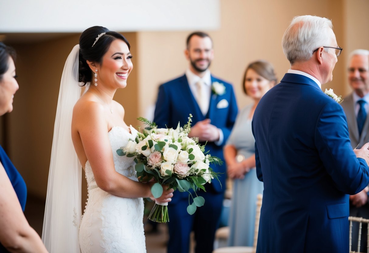 A bride graciously thanking guests, holding a bouquet, with a warm smile and relaxed posture