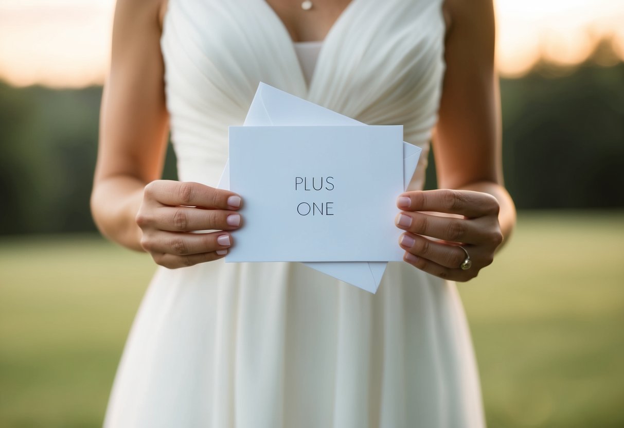 A person holding two wedding invitations, one with "plus one" written on it