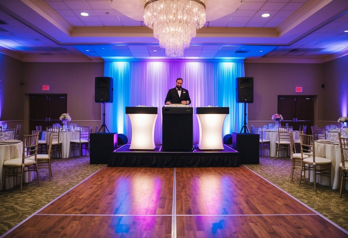 The DJ booth is set up in the center of the reception hall, surrounded by colorful lights and a dance floor. Tables and chairs are arranged around the perimeter