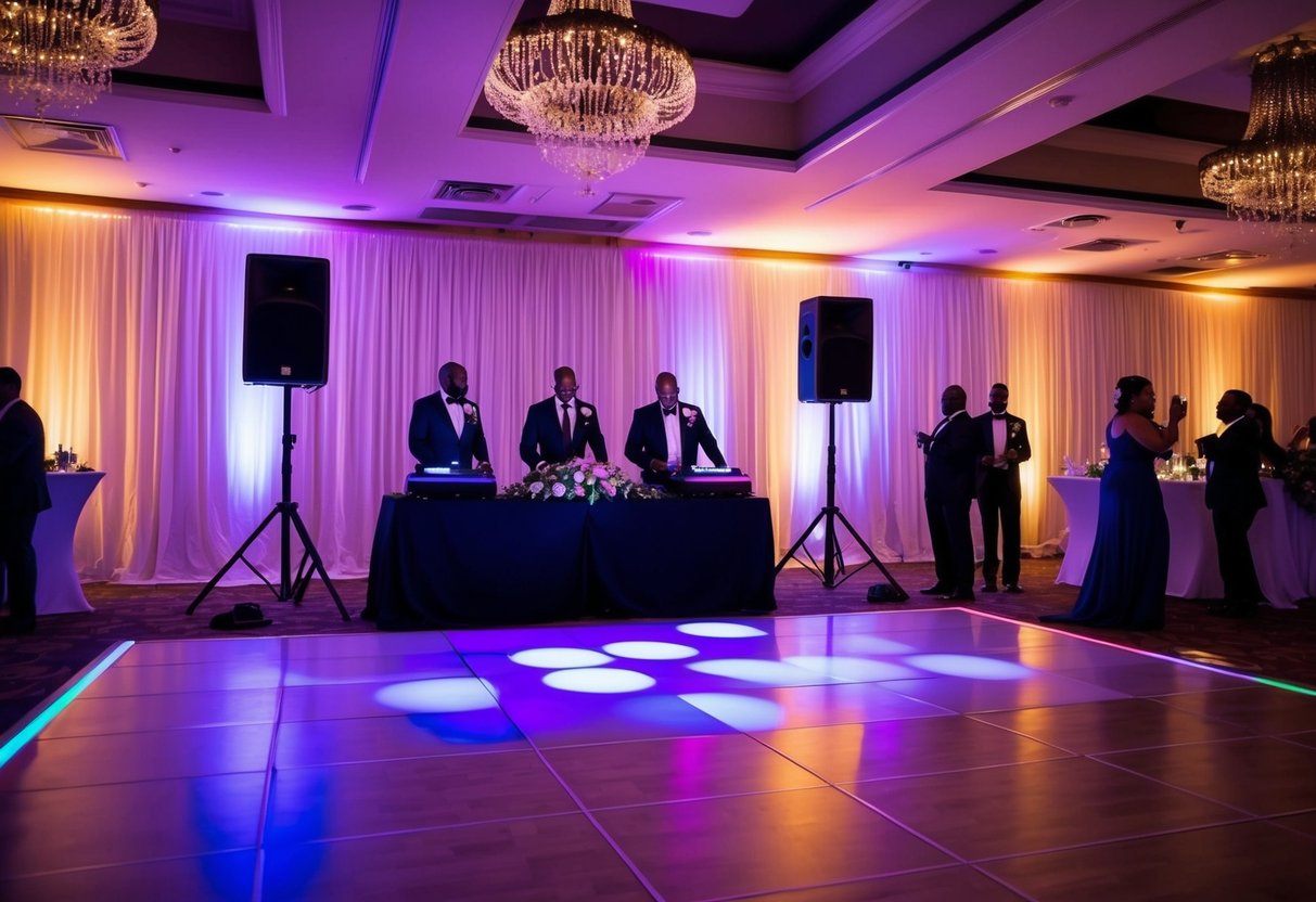 A wedding reception in South Africa with a DJ booth, dance floor, and colorful lights creating a festive atmosphere