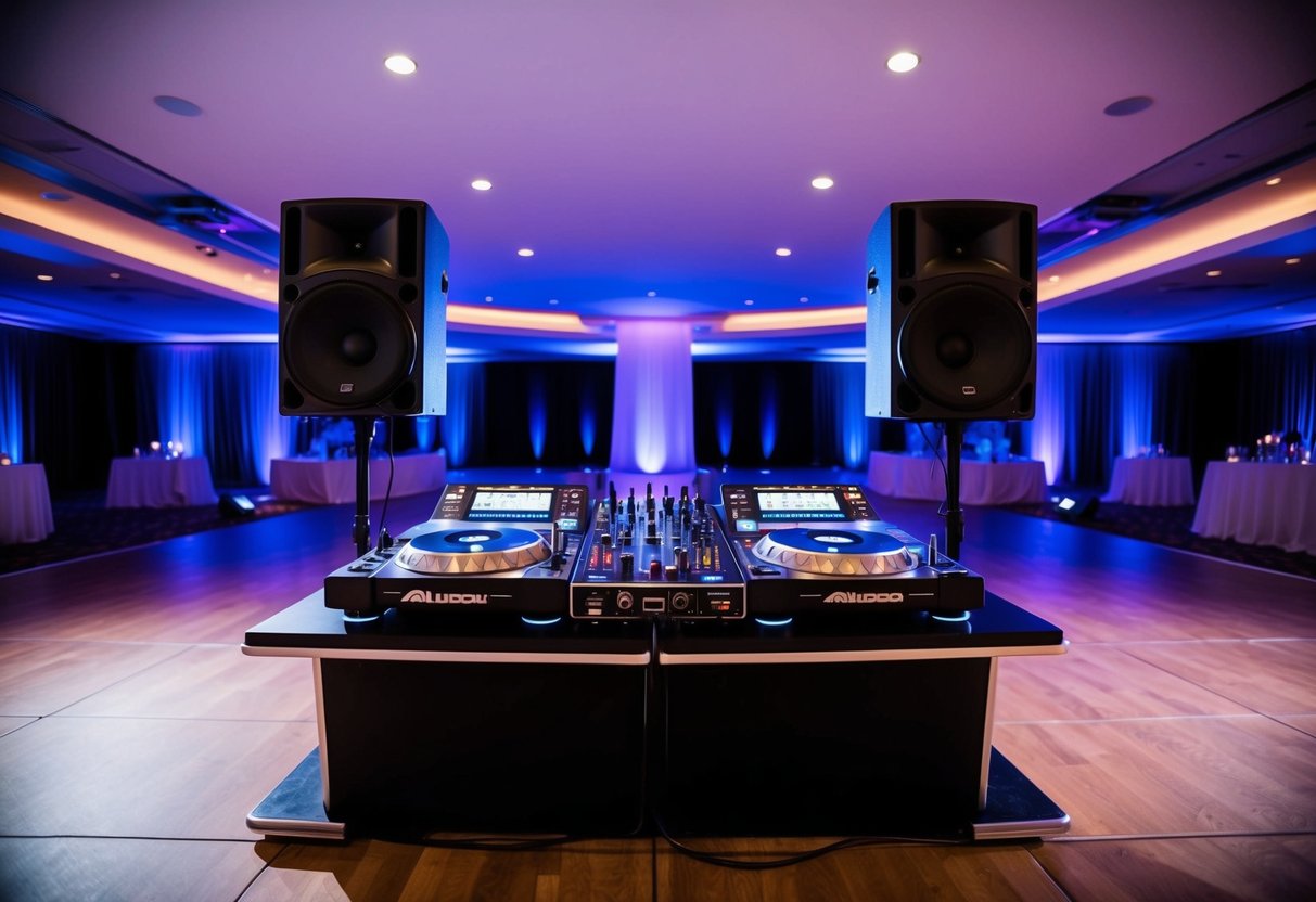 A sleek DJ setup with turntables, mixer, and speakers positioned strategically in the corner of a spacious wedding venue, surrounded by colorful lighting and a dance floor