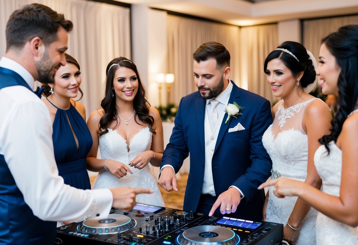 A wedding planner and bridal party discuss the best location for a DJ at a wedding, pointing to different areas of the reception venue
