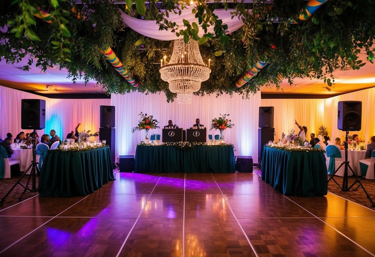 A vibrant wedding reception in South Africa, with a DJ booth and dance floor, surrounded by lush greenery and colorful decorations