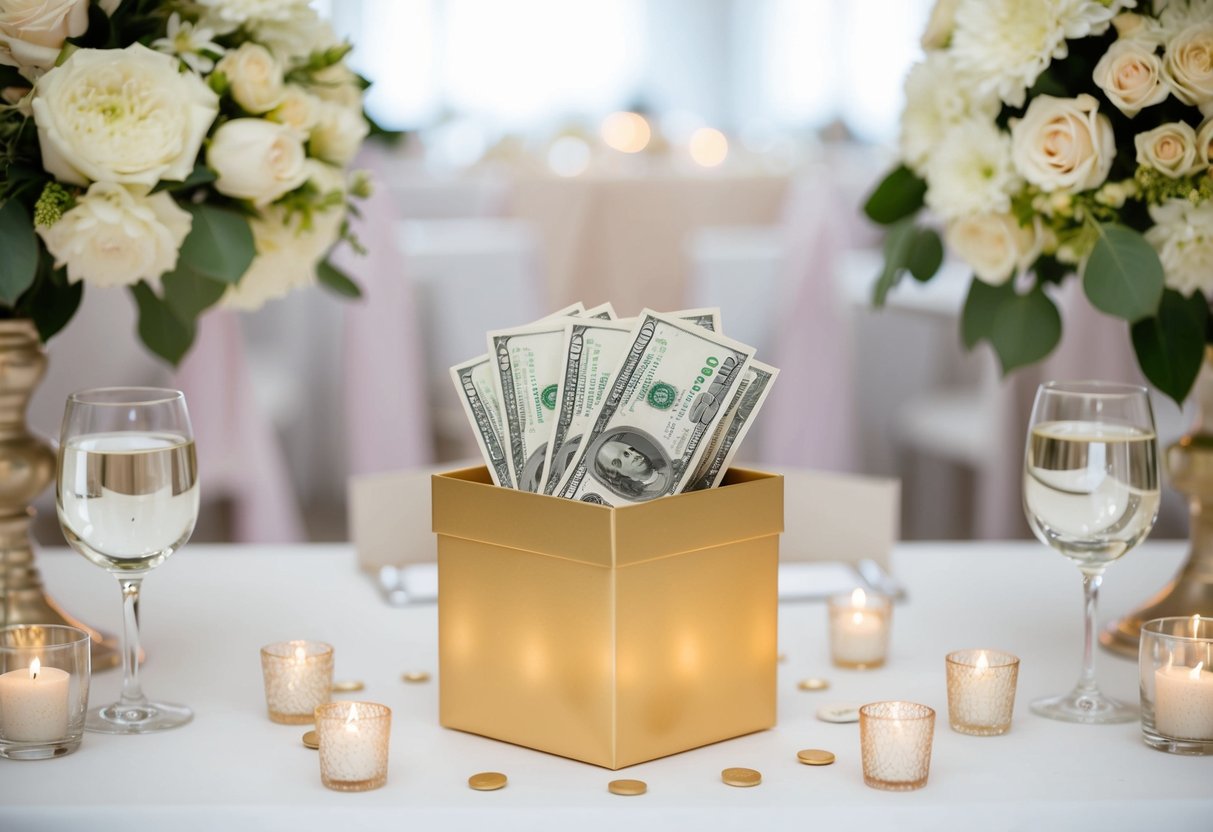 A gift box with a stack of bills inside, surrounded by elegant wedding decor