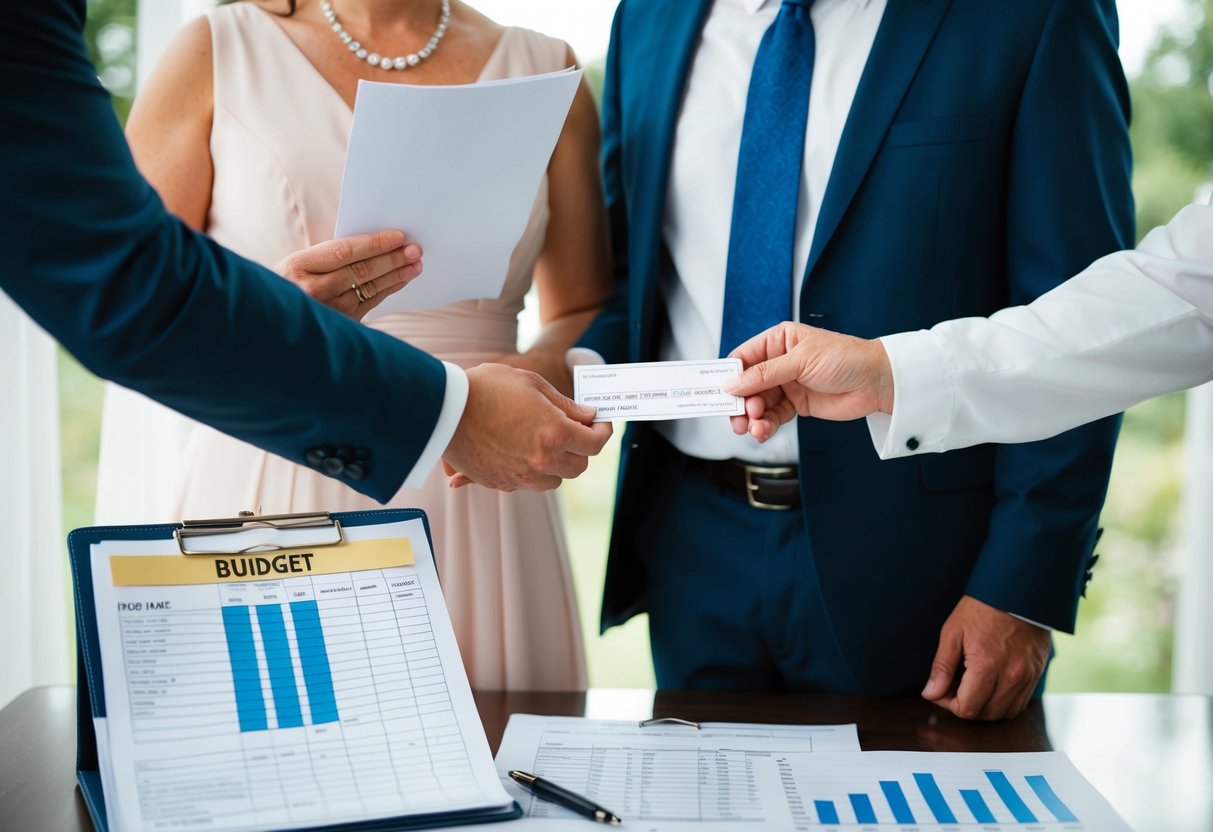 The groom's parents hand over a check to the couple, who stand before a wedding planner with a budget spreadsheet