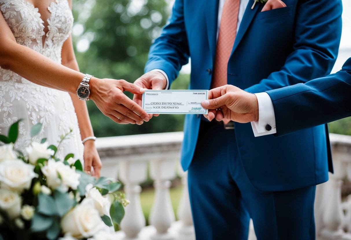 A groom's parents handing over a check or cash to a couple or wedding planner