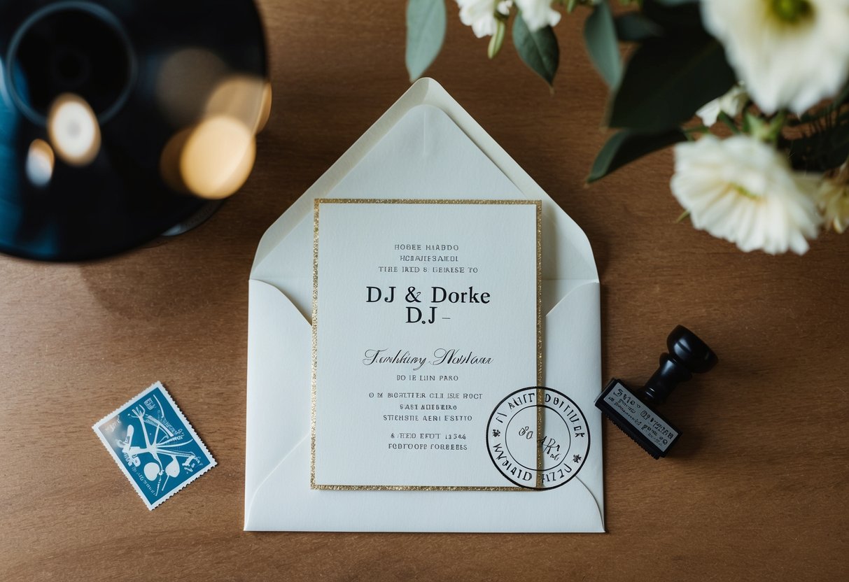 A wedding invitation with a DJ's name and address is placed in an envelope with a stamp ready to be sent