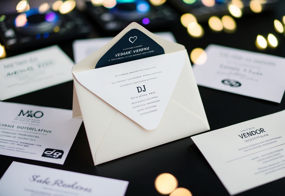 An envelope with a wedding invitation addressed to a DJ, surrounded by other vendor invitations