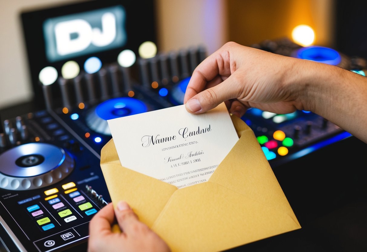 A wedding invitation being placed in an envelope with the DJ's name written on the front