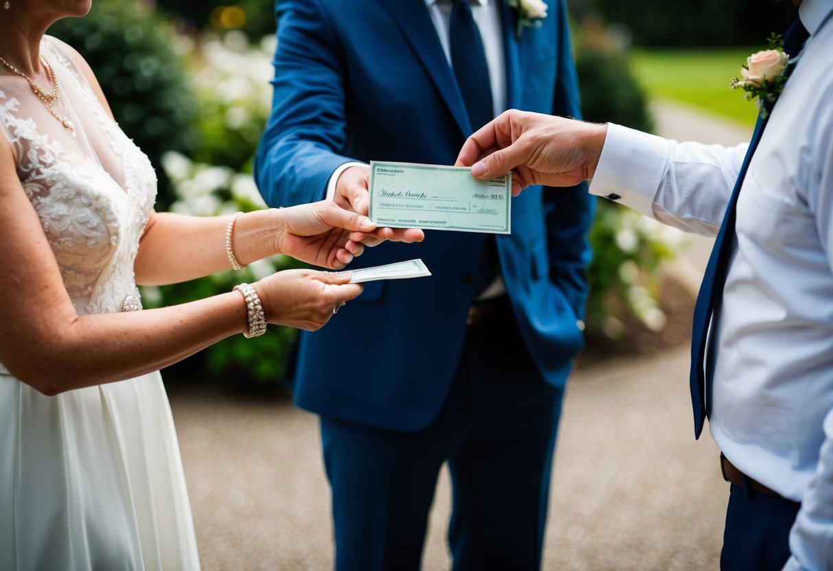A groom's parents handing over a check or cash to a wedding planner or couple