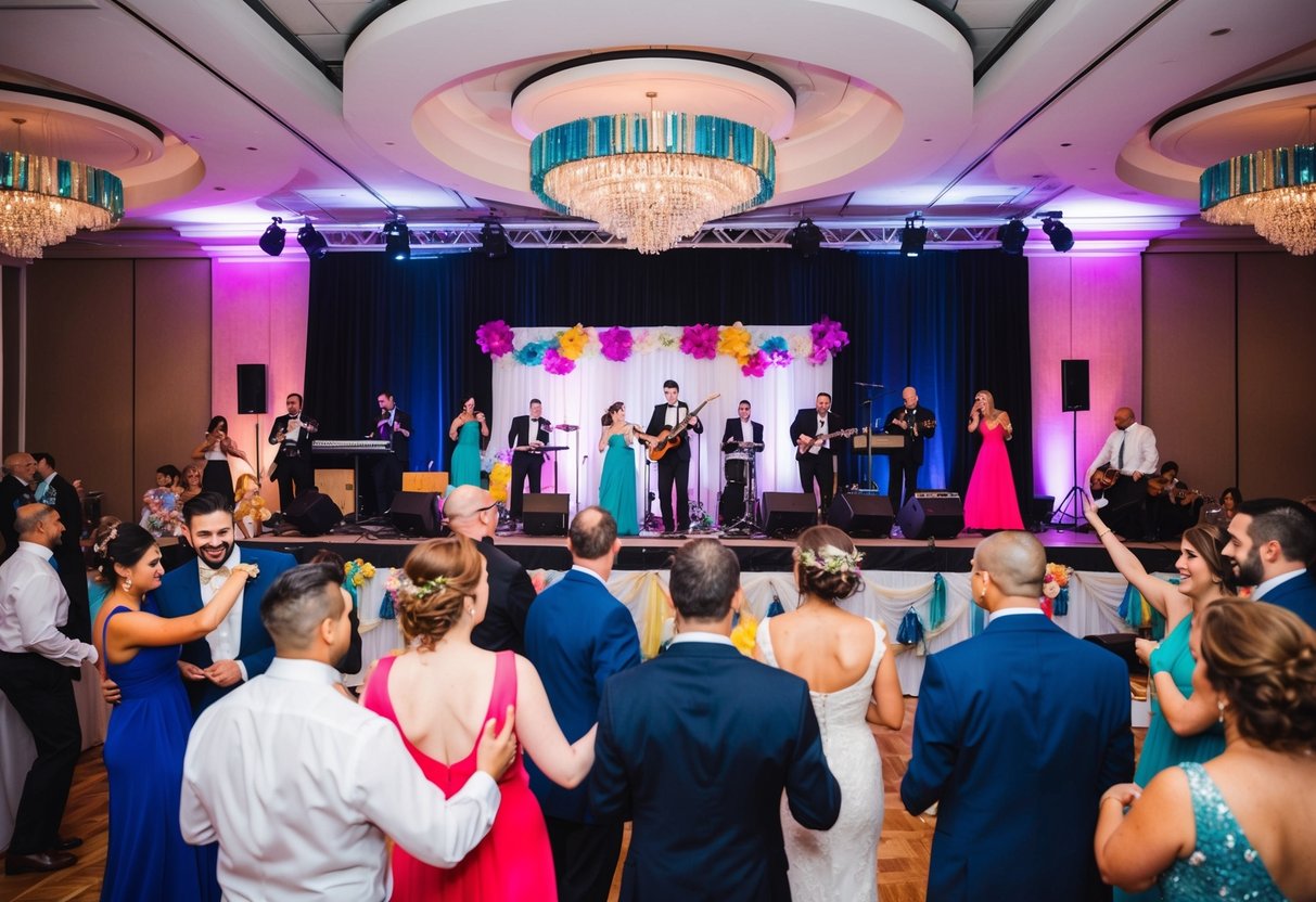 A lively wedding reception with a band playing music on a stage, surrounded by dancing guests and colorful decorations