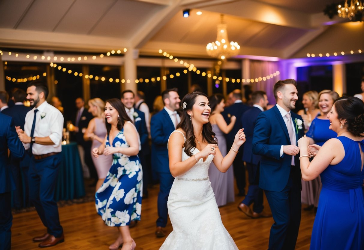 A lively wedding reception with a live band playing upbeat, celebratory music as guests dance and mingle