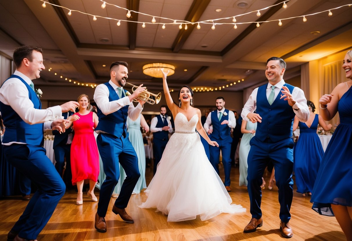 A joyful wedding reception with a live band playing romantic and upbeat music, surrounded by dancing guests and twinkling lights
