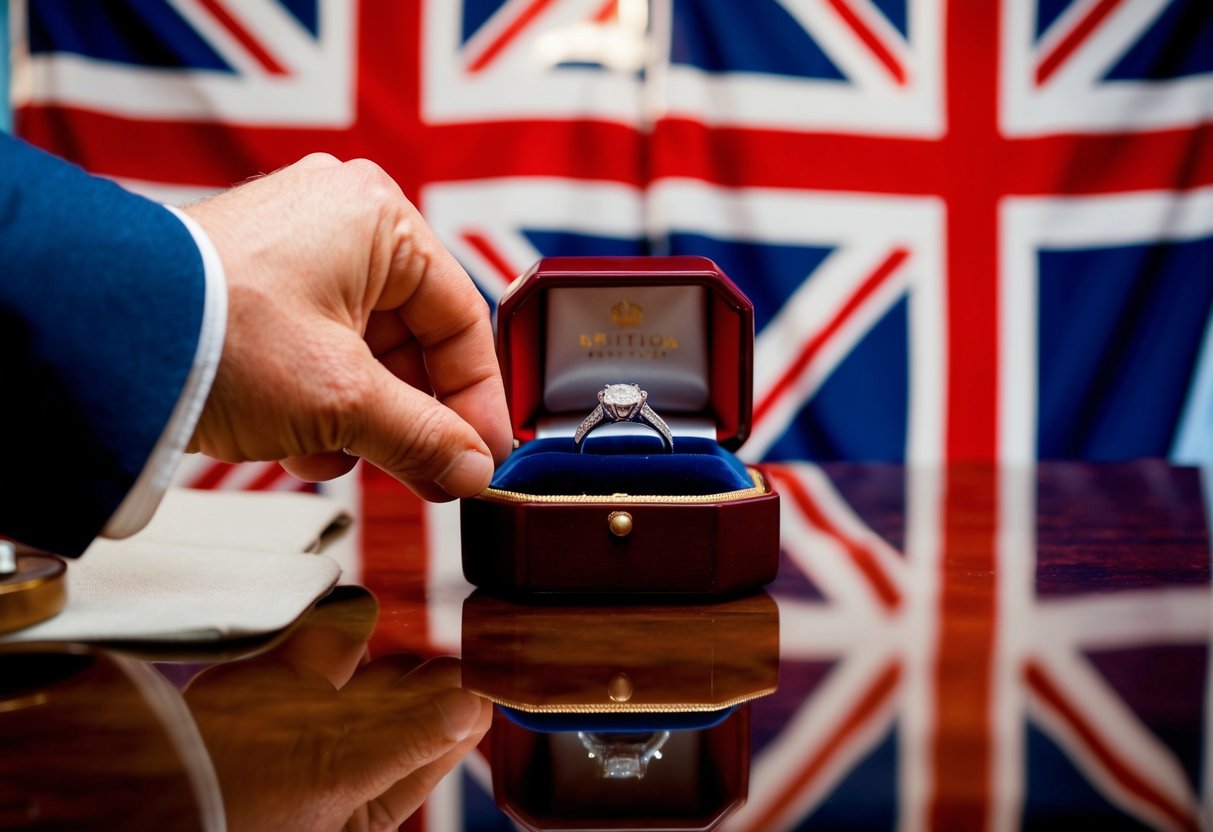 A jeweler's hand presents wedding rings in a velvet box on a polished wooden counter. A British flag hangs in the background