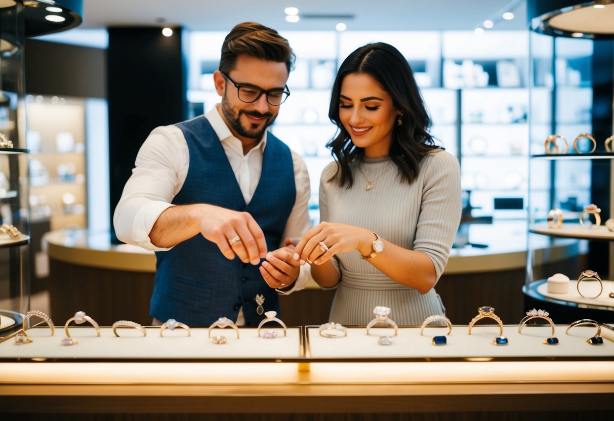 A couple browsing through a collection of wedding rings at a jewelry store in the UK