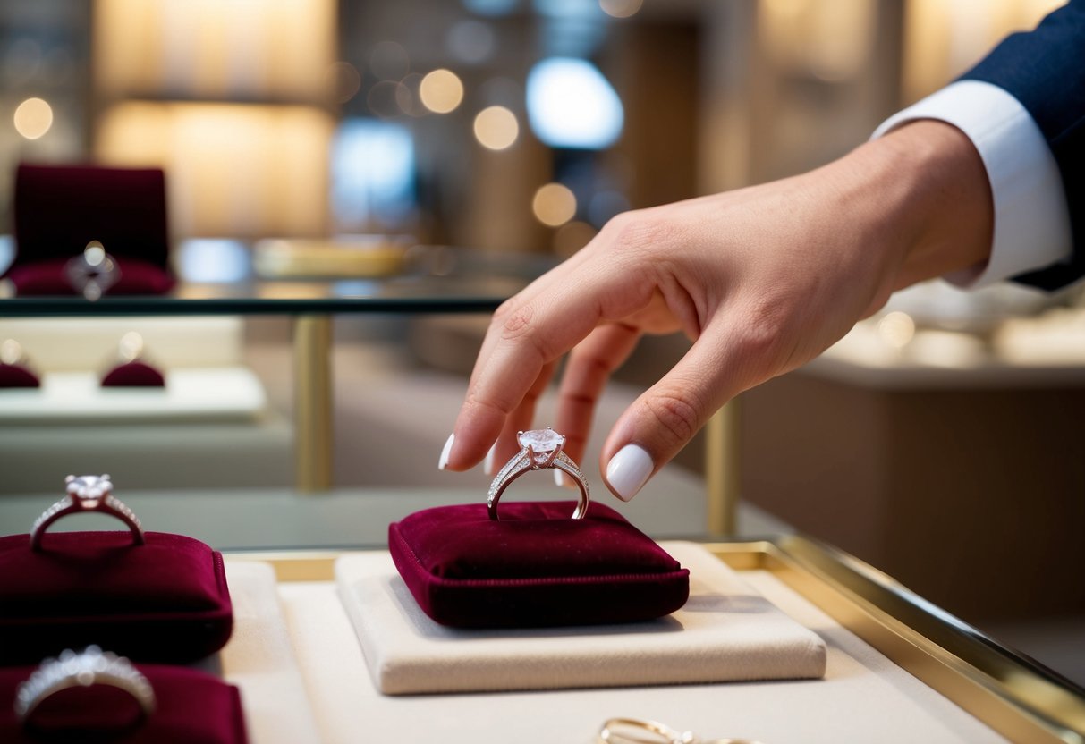 A hand reaching for a pair of wedding rings displayed on a velvet cushion in a jewelry store