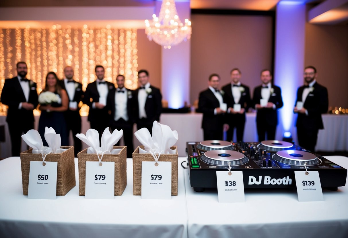 A wedding band and a DJ booth displayed side by side with price tags