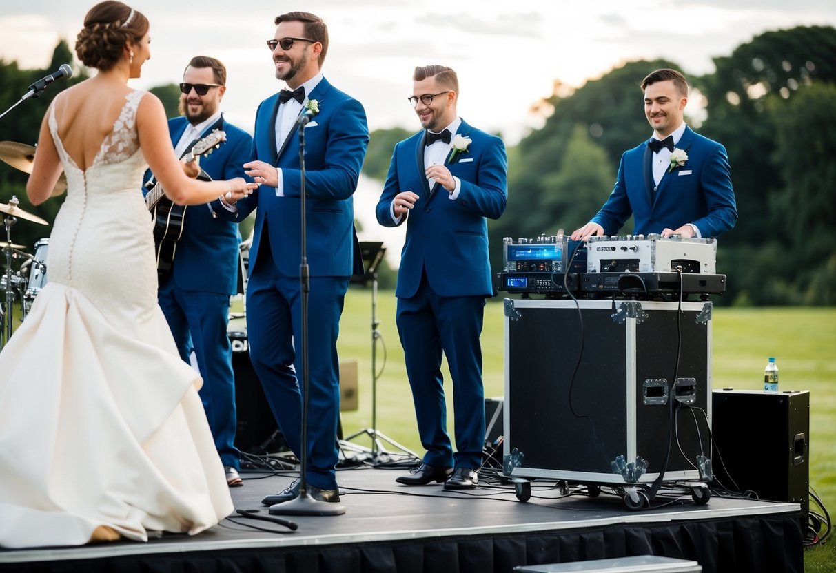 A wedding band performing on stage while a DJ set up their equipment nearby