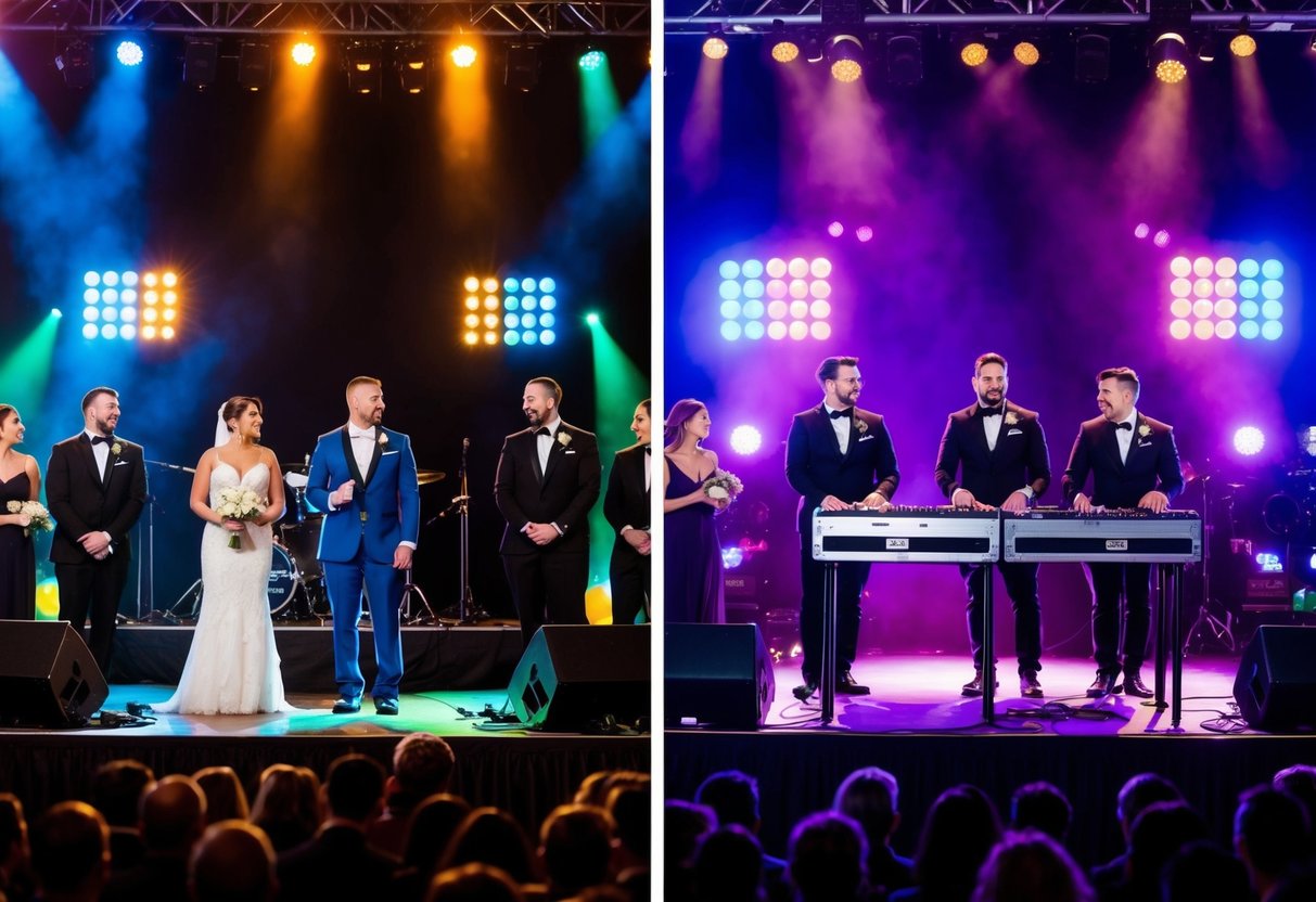 A wedding band and a DJ stand on opposite sides of a stage, surrounded by colorful lights and sound equipment. A crowd of people looks on, comparing the two options