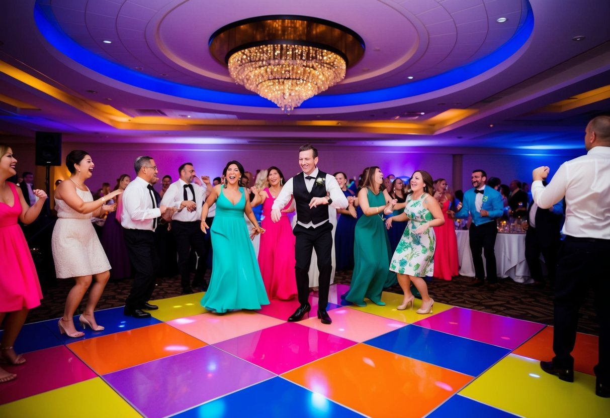 A colorful and vibrant wedding reception with a lively dance floor, where a DJ is playing music and guests are joyfully celebrating