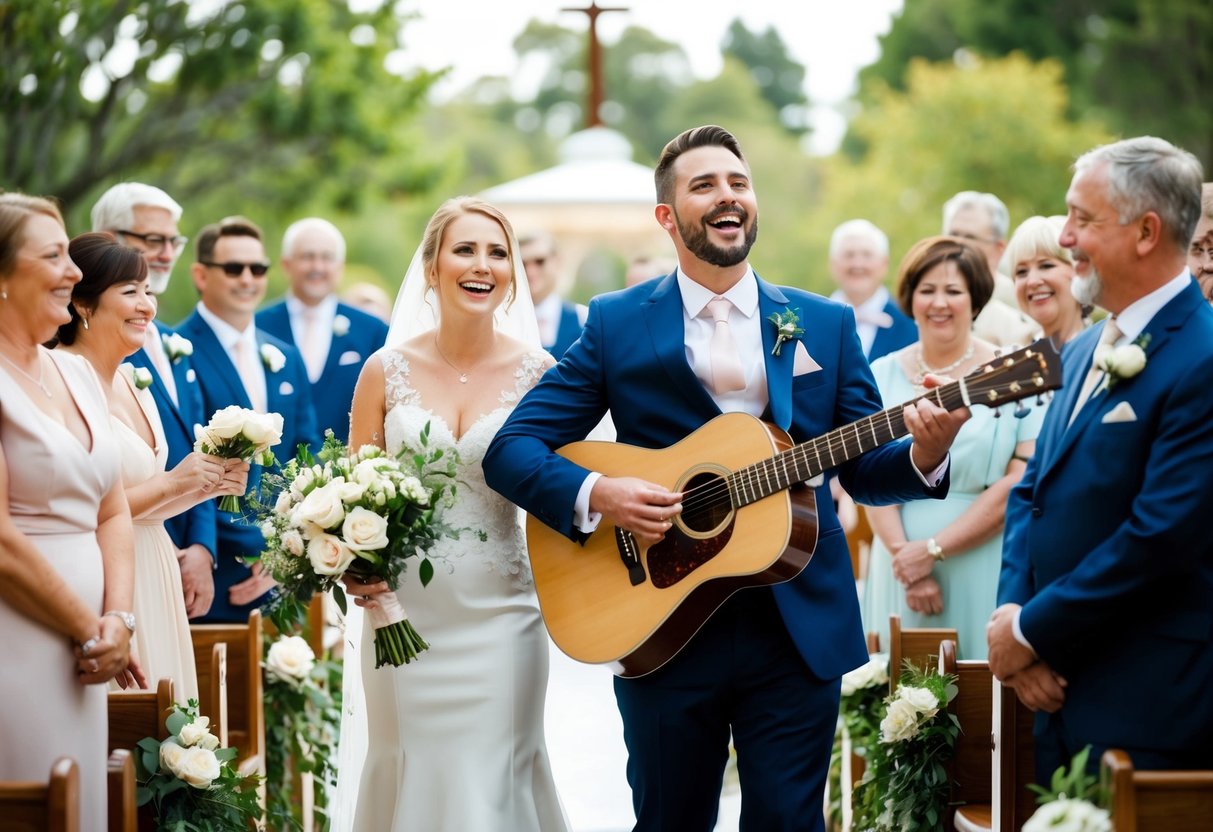 A bride and groom stand at the altar, surrounded by friends and family. A musician plays a song on a guitar, filling the air with joyful music