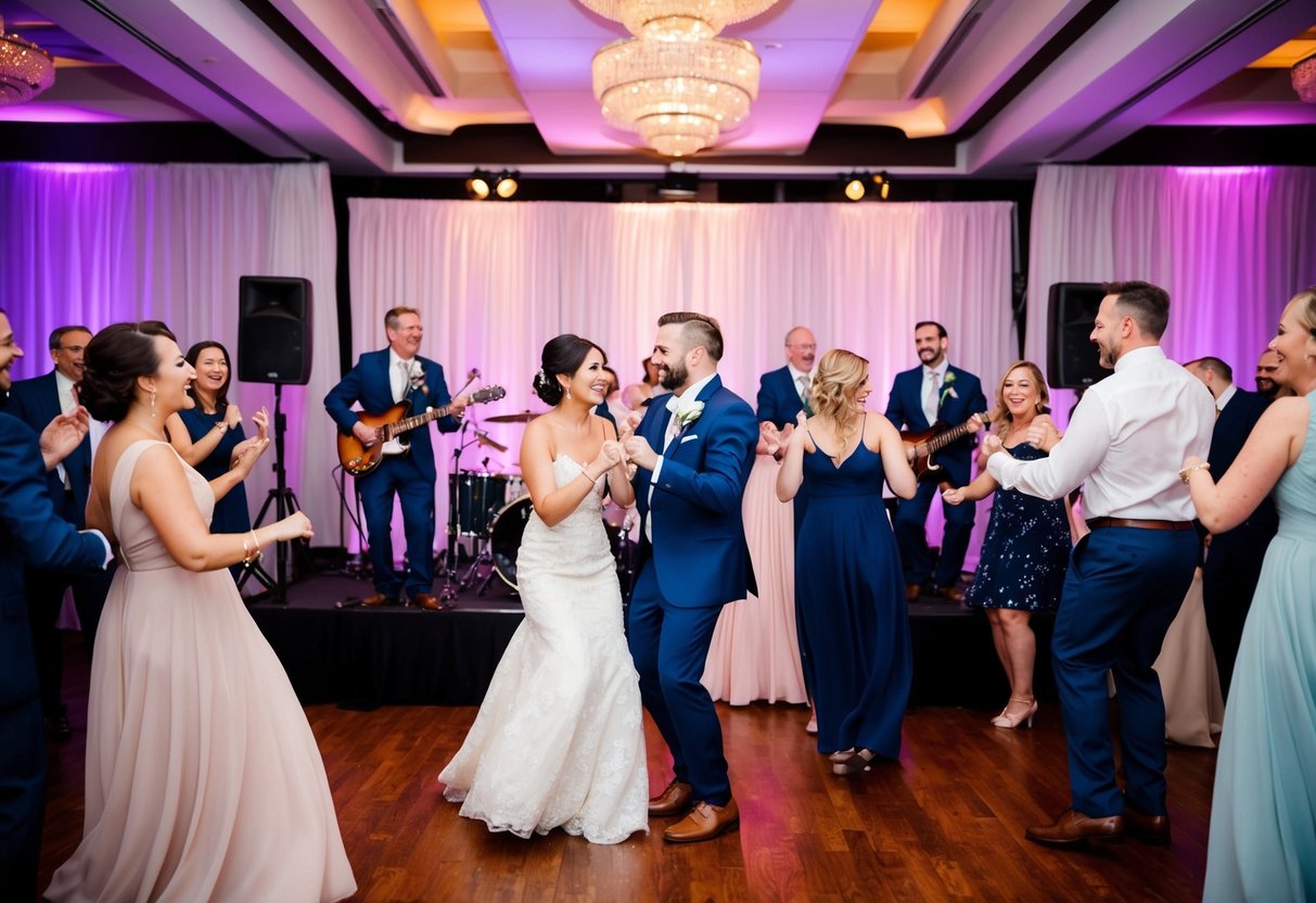 A joyful wedding reception with a band playing a song on a stage, surrounded by dancing guests and a happy couple