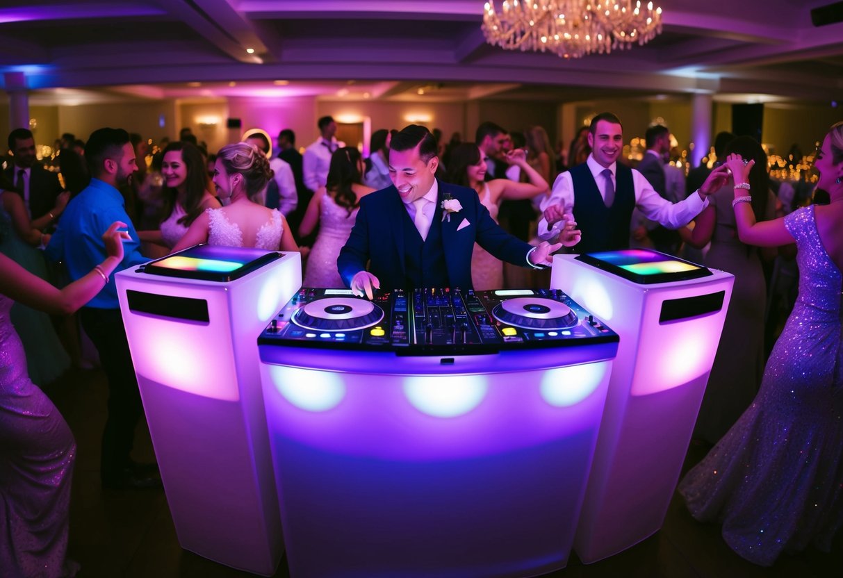 A DJ booth glowing with colorful lights, surrounded by dancing guests at a wedding reception