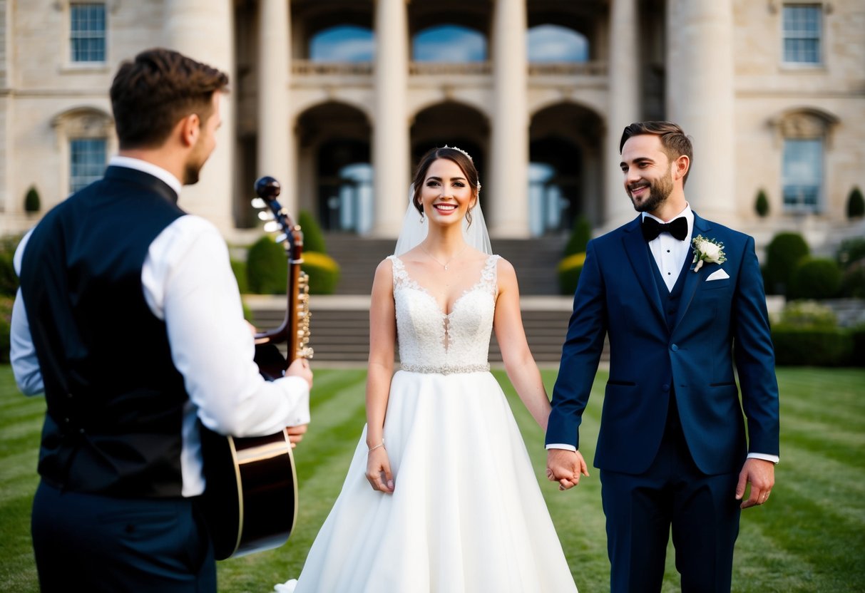 A bride and groom stand in front of a grand venue, holding hands. A musician asks permission to play a song for their wedding