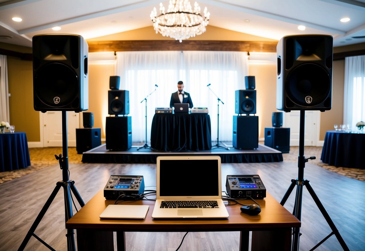 A wedding venue with a stage set up for live music, a DJ booth with speakers, and a table with a laptop and sound equipment
