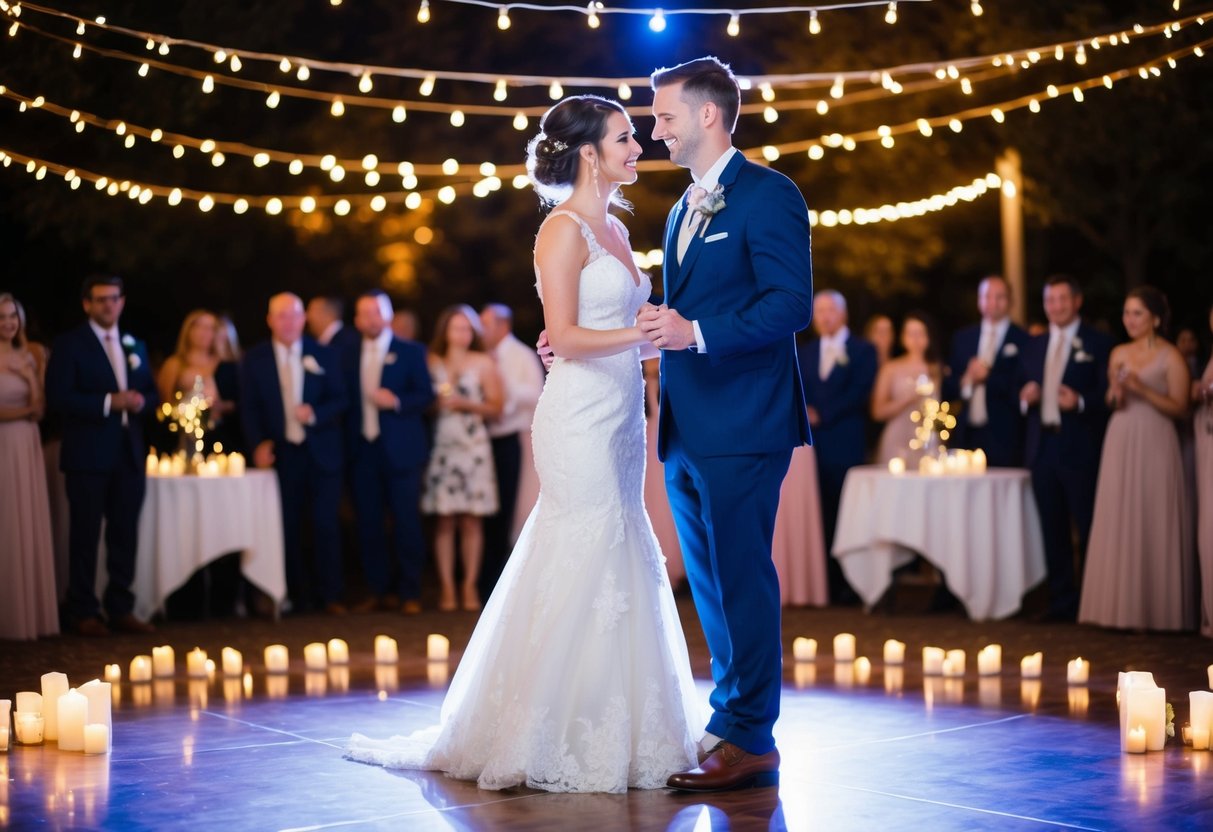 A bride and groom stand together on a moonlit dance floor, surrounded by twinkling lights and the soft glow of candles