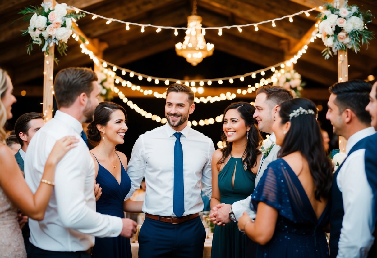 A couple standing in a circle of friends, smiling and chatting, surrounded by twinkling lights and floral decorations at a wedding reception