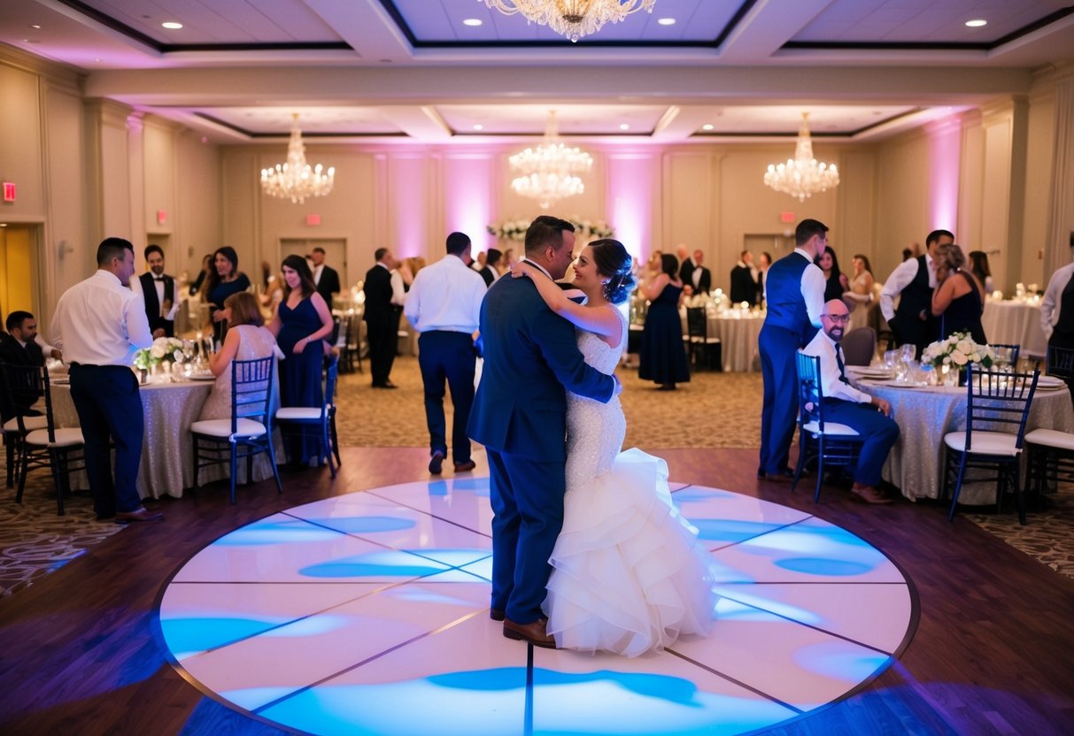 A beautifully decorated reception hall with tables, chairs, and a dance floor. Guests mingle and enjoy the celebration without a designated first dance