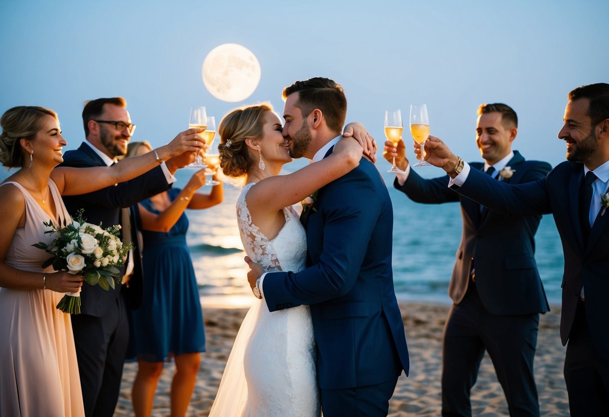 A couple embraces on a moonlit beach, surrounded by friends and family, as they share a joyful toast to celebrate their marriage