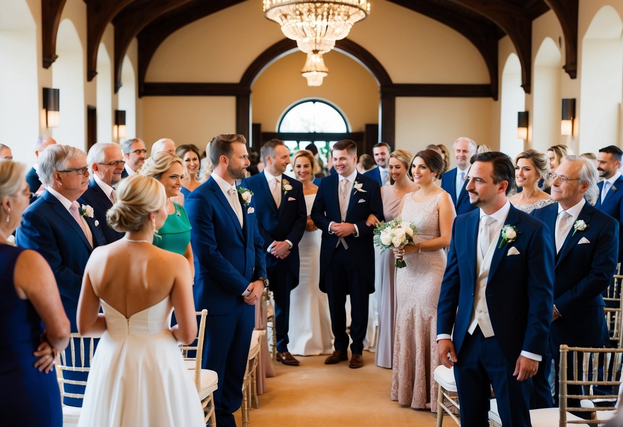A group of elegantly dressed guests gather in a beautiful ceremony venue, waiting for the wedding to begin