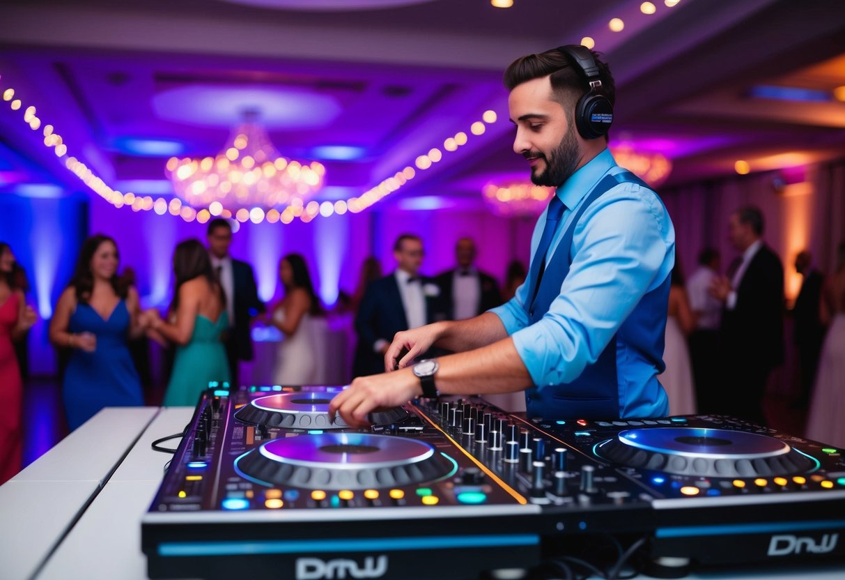 A DJ mixing music at a wedding reception with colorful lights and dancing guests in the background