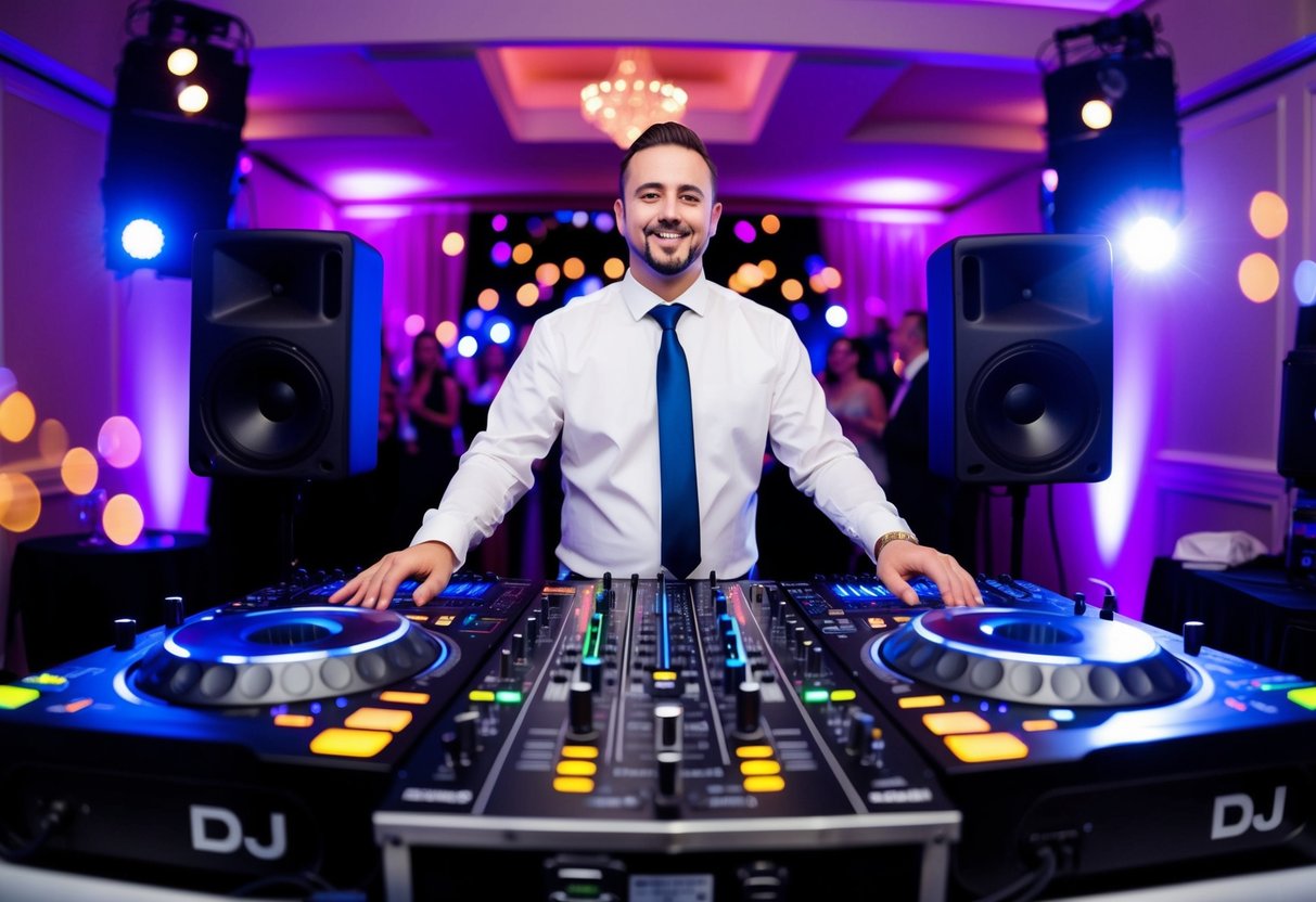 A DJ stands behind a booth, surrounded by colorful lights and sound equipment, as they mix music for a lively wedding reception