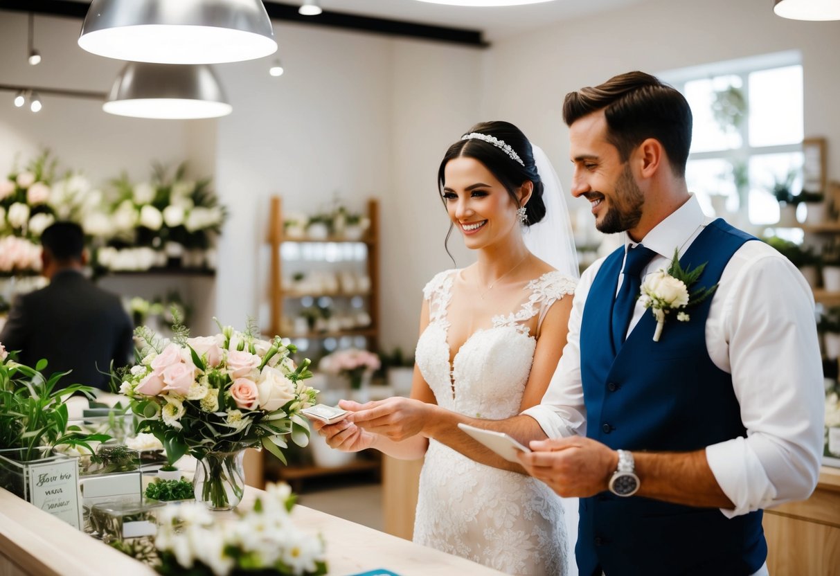 A bride and groom standing at a flower shop counter, handing over cash to the florist with a smile