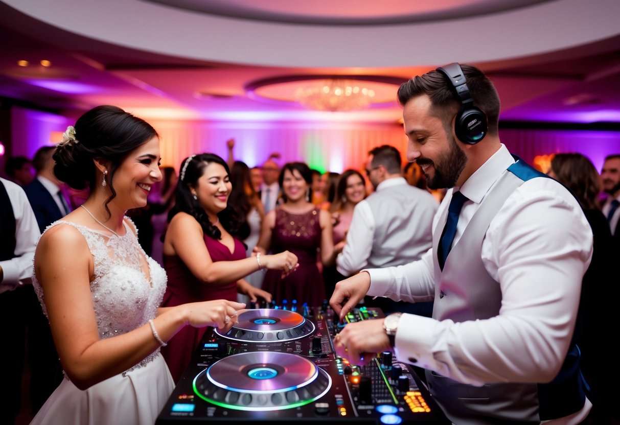 A wedding DJ spins tunes, surrounded by dancing guests and colorful lights