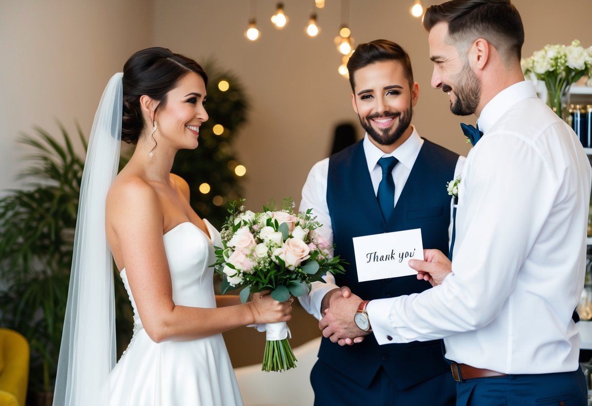 A bride and groom handing a bouquet of flowers to a florist with a thank you card