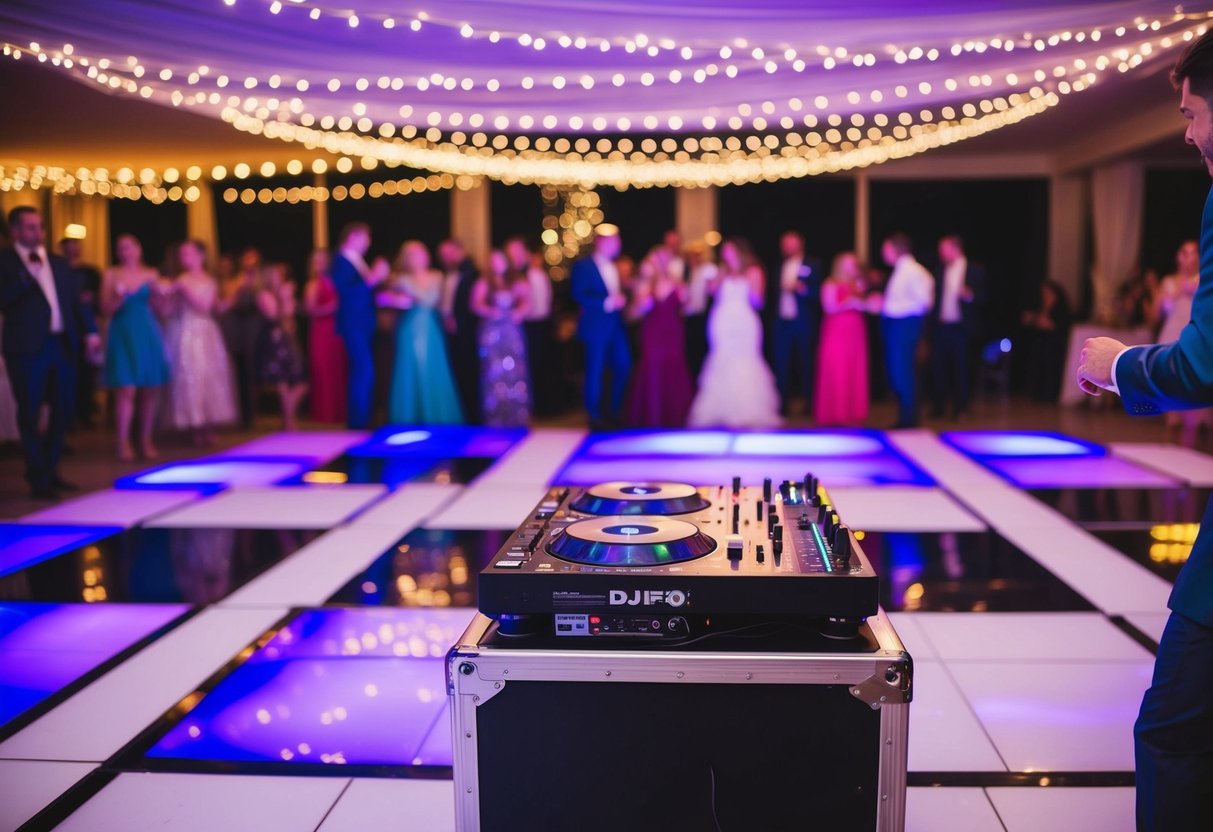 A wedding DJ plays lively music as guests gather on a decorated dance floor, surrounded by twinkling lights and colorful decorations