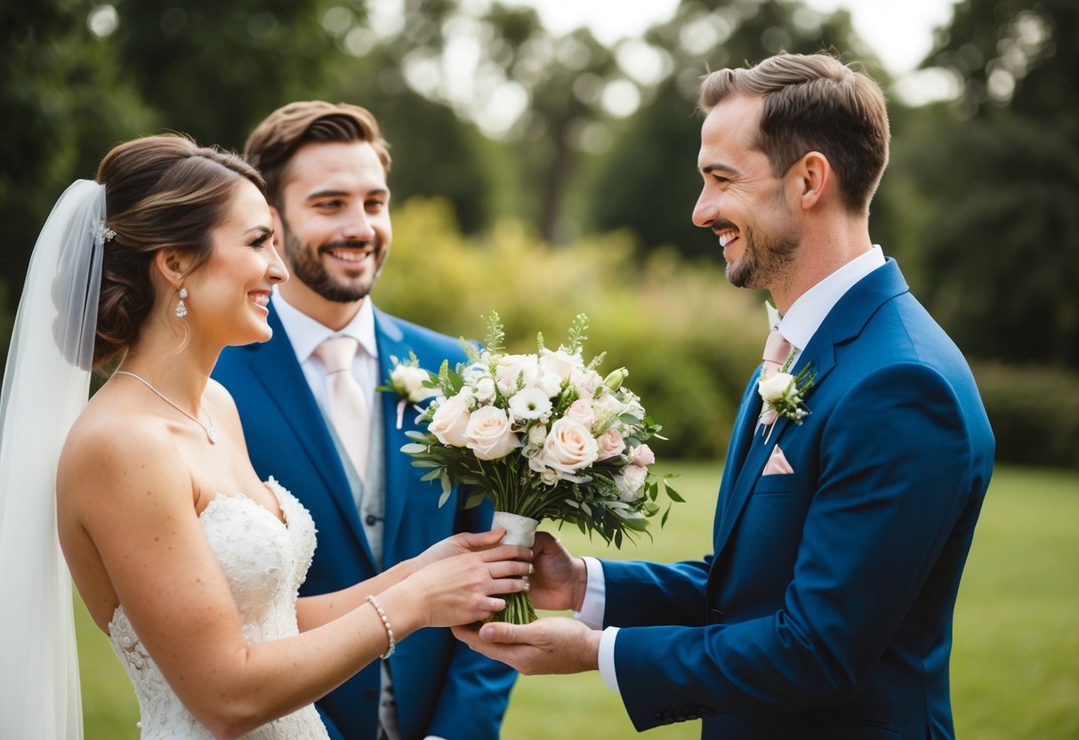 A bride and groom handing a bouquet to a smiling florist
