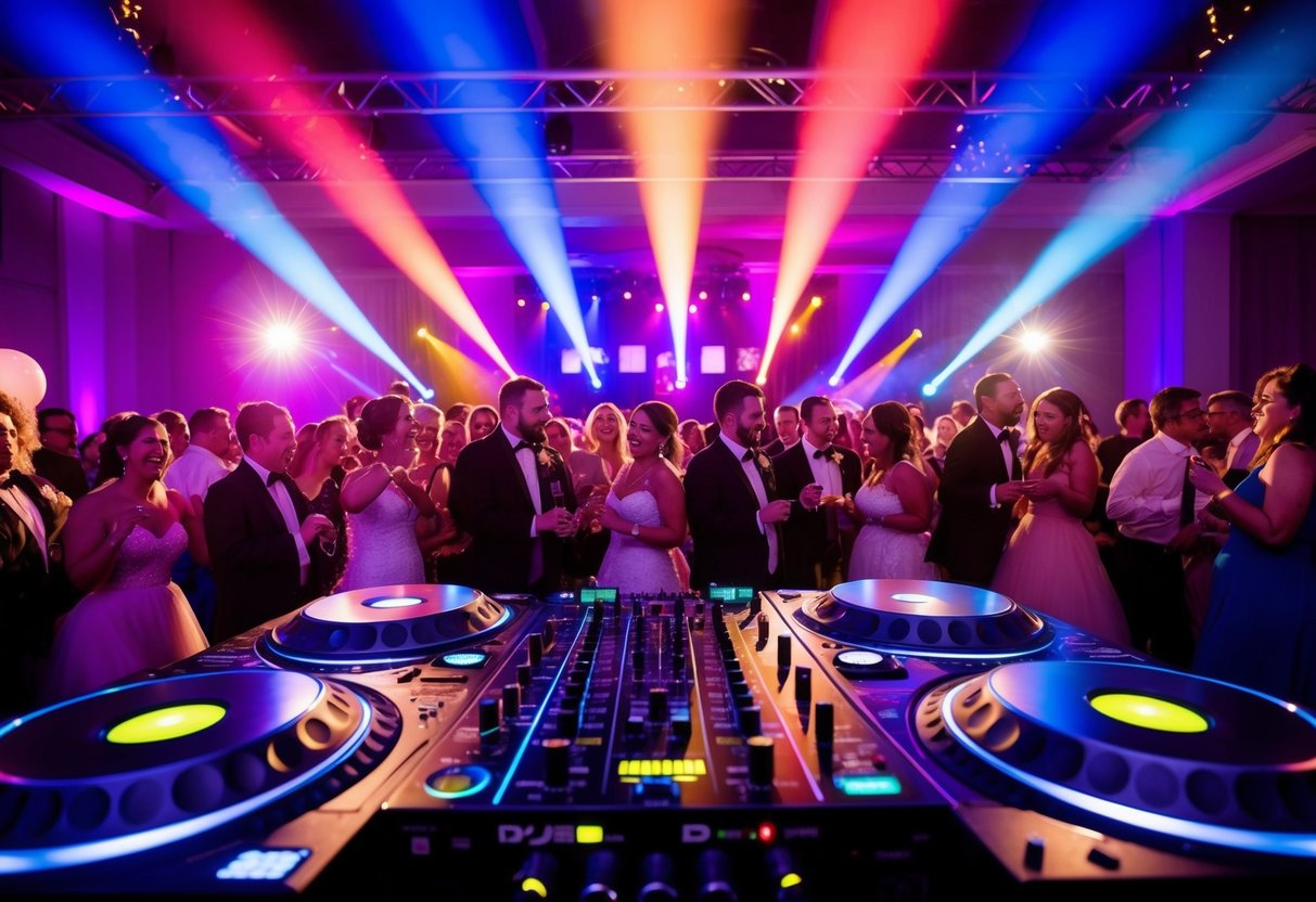 Colorful lights flash on a crowded dance floor as wedding DJs play popular hit songs, filling the air with joyful music