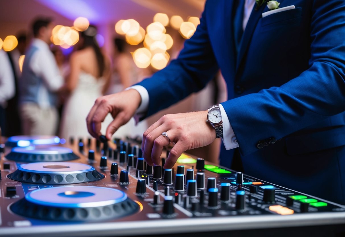 The DJ adjusts the sound levels on the mixer while selecting the next song to play at the wedding reception