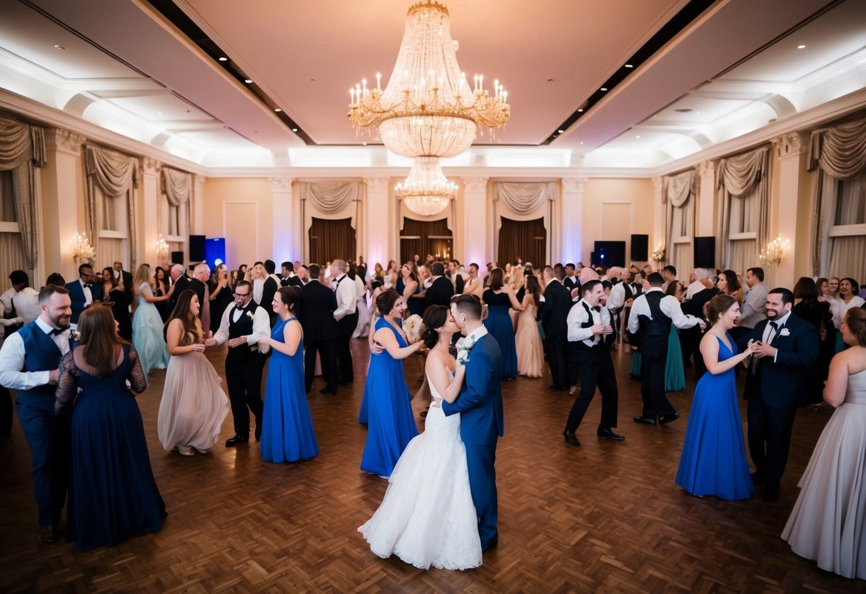 A grand ballroom filled with elegant decor, filled with the sound of live music as guests mingle and dance at a wedding celebration