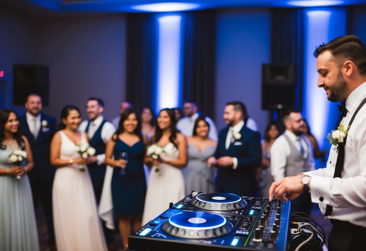A wedding DJ entertains guests by playing music, making announcements, and providing additional services such as lighting and sound equipment