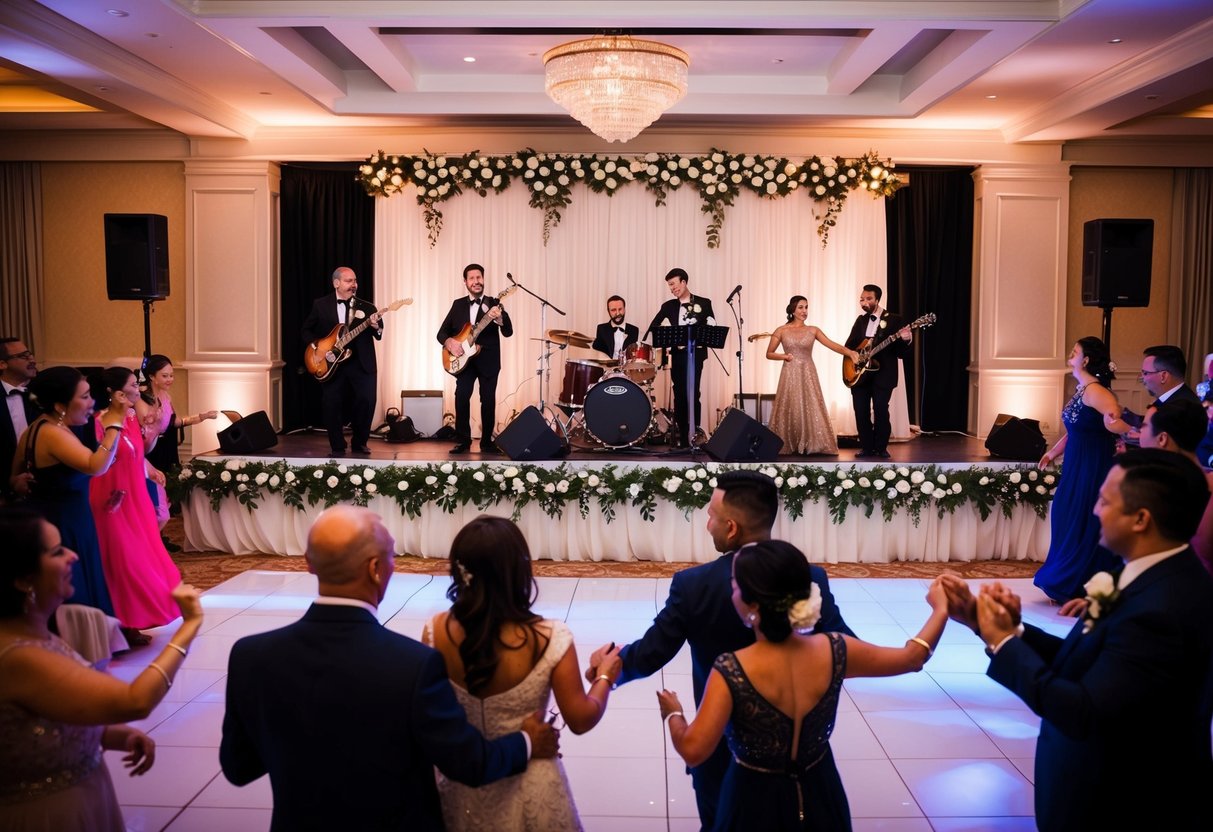 A wedding reception with a live band playing music on a stage, surrounded by dancing guests and adorned with traditional decorations