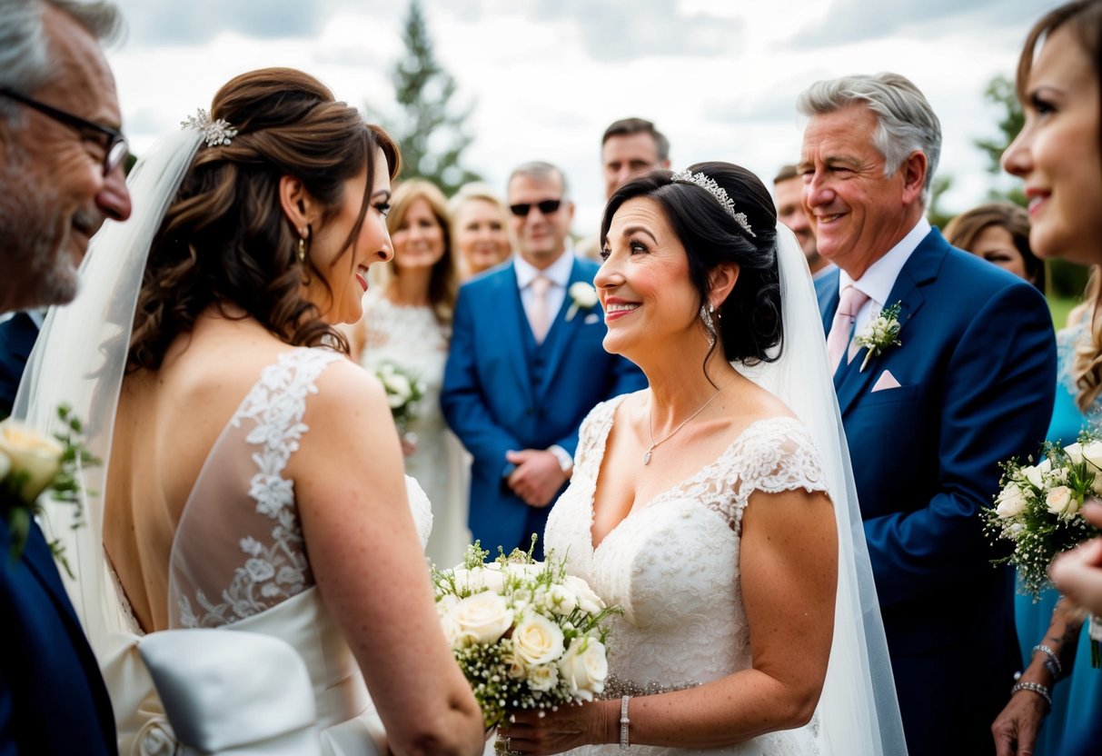 A mother of the bride gazes lovingly at her daughter in her wedding gown, surrounded by family and friends, with a mix of joy and nostalgia in her eyes